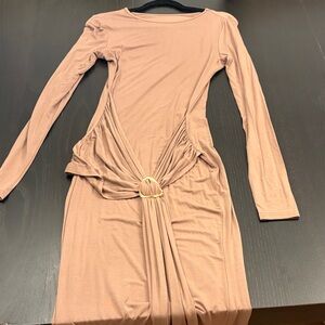 Commense Long Sleeve Taupe Knot Front Maxi Dress with Gold Ring